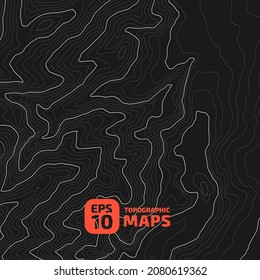 Abstract stylized topographic contour elevation in White lines and contours on black background. Modern style. The concept of a conditional geographic scheme and terrain trails. Vector illustration.