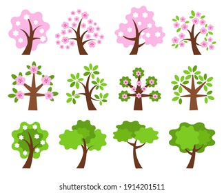 Abstract stylized tree design set with spring blossom cherry tree, green tree with flower isolated on white background. Vector flat illustration. Design for card, print, textile