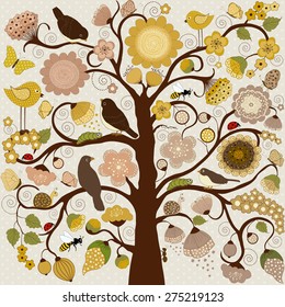 Abstract stylized tree with flowers and insects and birds