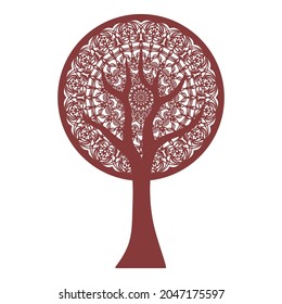 Abstract stylized tree - mandala. Trunk, branches and round crown made of lace pattern, openwork mandala. Nature, plants, eco theme. Dark red object isolated on white background. Vector illustration.