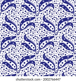 Abstract stylized tulip and dot vector seamless pattern background. Modern purple white backdrop with bouquets of hand drawn blossoming tulips and polka dots. Contemporary floral texture design repeat