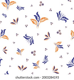 Abstract stylized tulip and leaf vector seamless pattern background. Modern purple white backdrop with bouquets of hand drawn pairs of tulips,foliage, dots circles. Summer garden floral design repeat