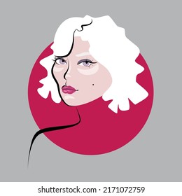 Resumen de un retrato vectorial estilizado de una bella mujer sensual con pelo corto y blanco, ojos violeta, piel pálida y maquillaje colorido. Ilustración de una geisha con el pelo plateado al estilo japonés.
