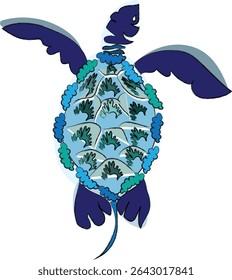  abstract stylized water turtle illustration, It features a blue color palette with intricate patterns on the shell and is presented in a flat, two-dimensional style.