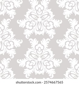 Abstract subtle background with curly shapes, swirls, floral elements. Luxury damask seamless pattern. Gray and white ornament texture in baroque, rococo, revival style. Repeating vector design