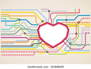 Abstract subway map in shape of a heart. Vector illustration metro map