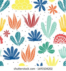 Abstract succulent, cactus, desert plants summer collage seamless vector pattern. Contemporary cactii and leave shapes background red blue teal lime green yellow orange on a spotted background. 