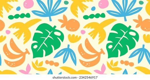 Abstract summer art seamless pattern with colorful nature doodles. Organic flat cartoon background, tropical vacation shapes in bright childish colors. Floral hawaiian print, exotic travel texture.