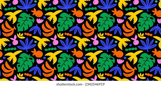 Abstract summer art seamless pattern with colorful nature doodles. Organic flat cartoon background, tropical vacation shapes in bright childish colors. Floral hawaiian print, exotic travel texture.