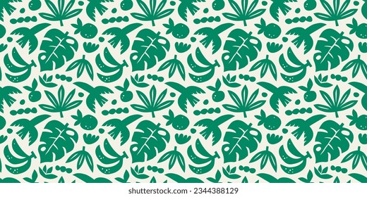 Abstract summer art seamless pattern with nature doodles. Organic flat cartoon background, tropical vacation shapes in green color. Floral hawaiian print, exotic travel texture.