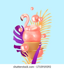 Abstract summer background with 3d pink ice cream and pink flamingo lush palm leaves. Summer design modern style minimal poster, banner. Vector illustration