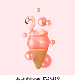 Abstract summer background with 3d pink ice cream and pink flamingo. Summer design modern style minimal poster, banner. Vector illustration