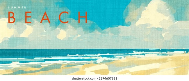 Abstract summer background with art illustration of sea beach and sky. Tropical coast landscape with beautiful sea shore beach on a nice sunny day