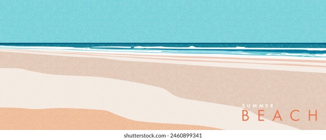 Abstract summer background with art illustration of sea beach and sky. Tropical coast landscape with beautiful sea shore beach on a nice sunny day