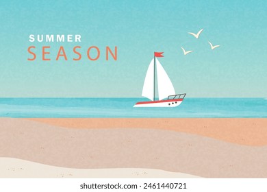 Abstract summer background with art illustration sea beach, waves, yacht, birds and sky. Tropical coast landscape with beautiful sea shore beach. Summer holidays, journey, vacation travel illustration