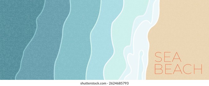 Abstract summer background with art illustration of sea beach top view. Tropical coast landscape with beautiful calm relaxing seashore beach on a nice sunny day