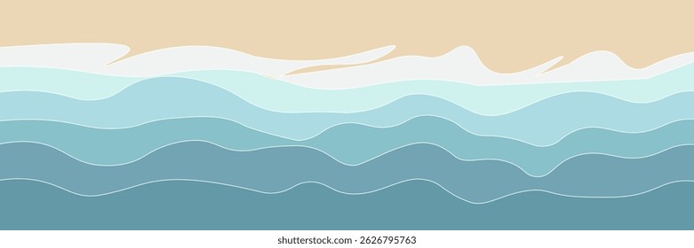 Abstract summer background with art illustration of sea beach top view. Tropical coast landscape with beautiful calm relaxing seashore beach on a nice sunny day