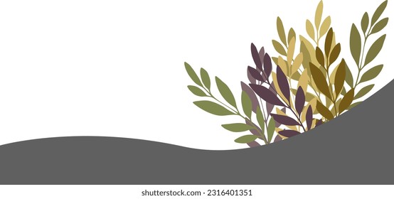 Abstract summer background for banner with place for text. Template for postcard with plants. Vector illustration. Different color branches and grey wave on white background.