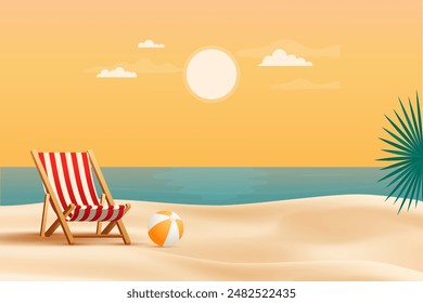 Abstract summer background with beach chair and ball on the sand at sunset. Vector illustration