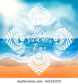 Abstract summer background of beach and sea elements with white decorative frame. It's Summer Time title. Summer background vector illustration