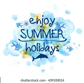 Abstract summer background with blue watercolor blots and tropical fish