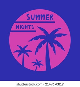 Abstract summer background. Bright banner summer nights. Pink silhouette of palm trees on blue background. Vector flat illustration of summer nights.
