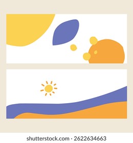 Abstract summer background cards set. Tropical shapes art concept on yellow and blue color. Horizontal minimalist style design templates for celebration, ads, branding, banner, cover, poster, sales.