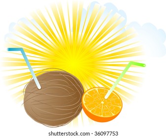 Abstract summer background with coconut and orange drink