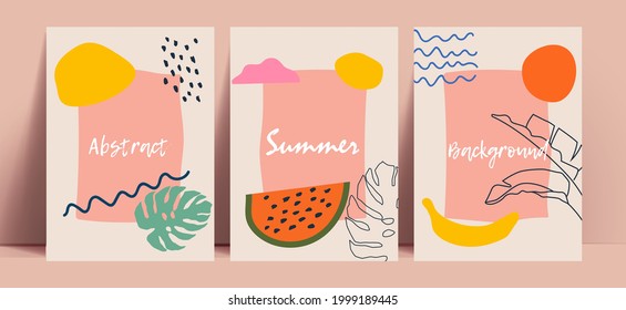 Resumen de la colección de fondo de verano con frutos y hojas dibujados a mano de colores vivos y elementos de formas geométricas. Ilustración del vector