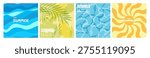 Abstract Summer background collection. Summer posters with waves, tropical leaves, sun, with overlay effect and grainy texture. Summer Background for advertising, seasonal sales, banners, social media