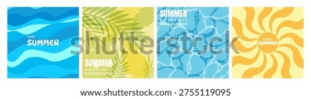 Abstract Summer background collection. Summer posters with waves, tropical leaves, sun, with overlay effect and grainy texture. Summer Background for advertising, seasonal sales, banners, social media