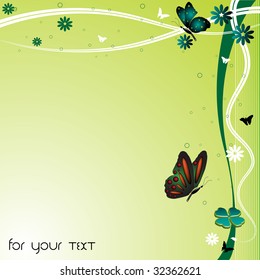 Abstract summer background with colorful butterflies and flower shapes