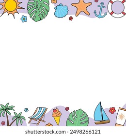 Abstract Summer background with colourful hand drawn vacation icons. Vector illustration