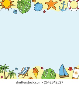 Abstract Summer background with colourful hand drawn vacation icons. Vector illustration