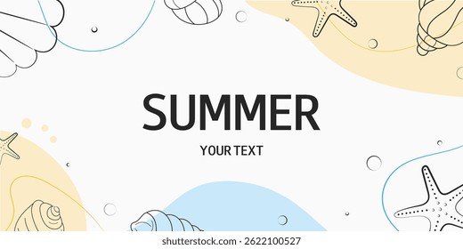 Abstract summer background in doodle style with sea ​​creatures and shells. Template for greeting card, invitation, banner, sale, advertising.