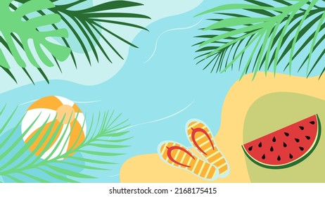 Abstract summer background. Flip flops, ball, watermelon, sea. Graphic design for banner, poster, flyer. Flat style. Vector