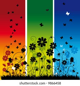 Abstract summer background, flowers and butterflies