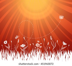 Fundo de verão abstrato com grama e borboleta formas de ilustração vetorial.