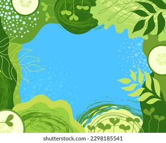 Abstract summer background green and blue frame. Organic shapes leaves vegetables background. Greenery growth healthy food vegan theme border and copy space. Design template for banner, cover, web.