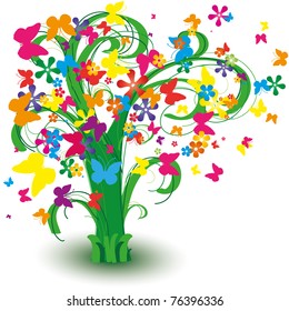 Abstract summer background with green tree and butterfly, vector illustration