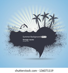 Abstract summer background. Grungy vector with the island and dolphins on a blue background