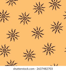 Abstract summer background with hand drawn sun sign. Vintage vector seamless pattern. Retro repeat ornament wallpaper. Nostalgic colored fashion allover print