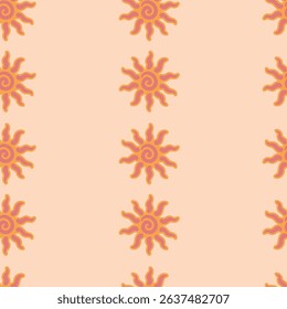 Abstract summer background with hand drawn sun sign. Vintage vector seamless pattern. Retro repeat ornament wallpaper. Nostalgic colored fashion allover print