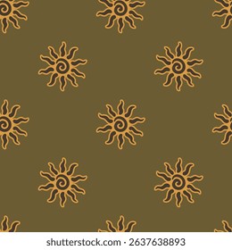 Abstract summer background with hand drawn sun sign. Vintage vector seamless pattern. Retro repeat ornament wallpaper. Nostalgic colored fashion allover print