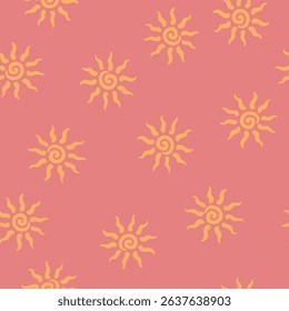 Abstract summer background with hand drawn sun sign. Vintage vector seamless pattern. Retro repeat ornament wallpaper. Nostalgic colored fashion allover print