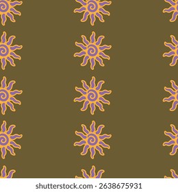 Abstract summer background with hand drawn sun sign. Vintage vector seamless pattern. Retro repeat ornament wallpaper. Nostalgic colored fashion allover print
