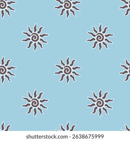 Abstract summer background with hand drawn sun sign. Vintage vector seamless pattern. Retro repeat ornament wallpaper. Nostalgic colored fashion allover print