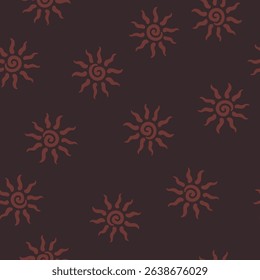 Abstract summer background with hand drawn sun sign. Vintage vector seamless pattern. Retro repeat ornament wallpaper. Nostalgic colored fashion allover print
