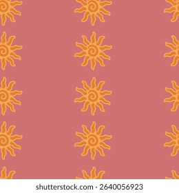 Abstract summer background with hand drawn sun sign. Vintage vector seamless pattern. Retro repeat ornament wallpaper. Nostalgic colored fashion allover print
