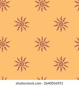 Abstract summer background with hand drawn sun sign. Vintage vector seamless pattern. Retro repeat ornament wallpaper. Nostalgic colored fashion allover print